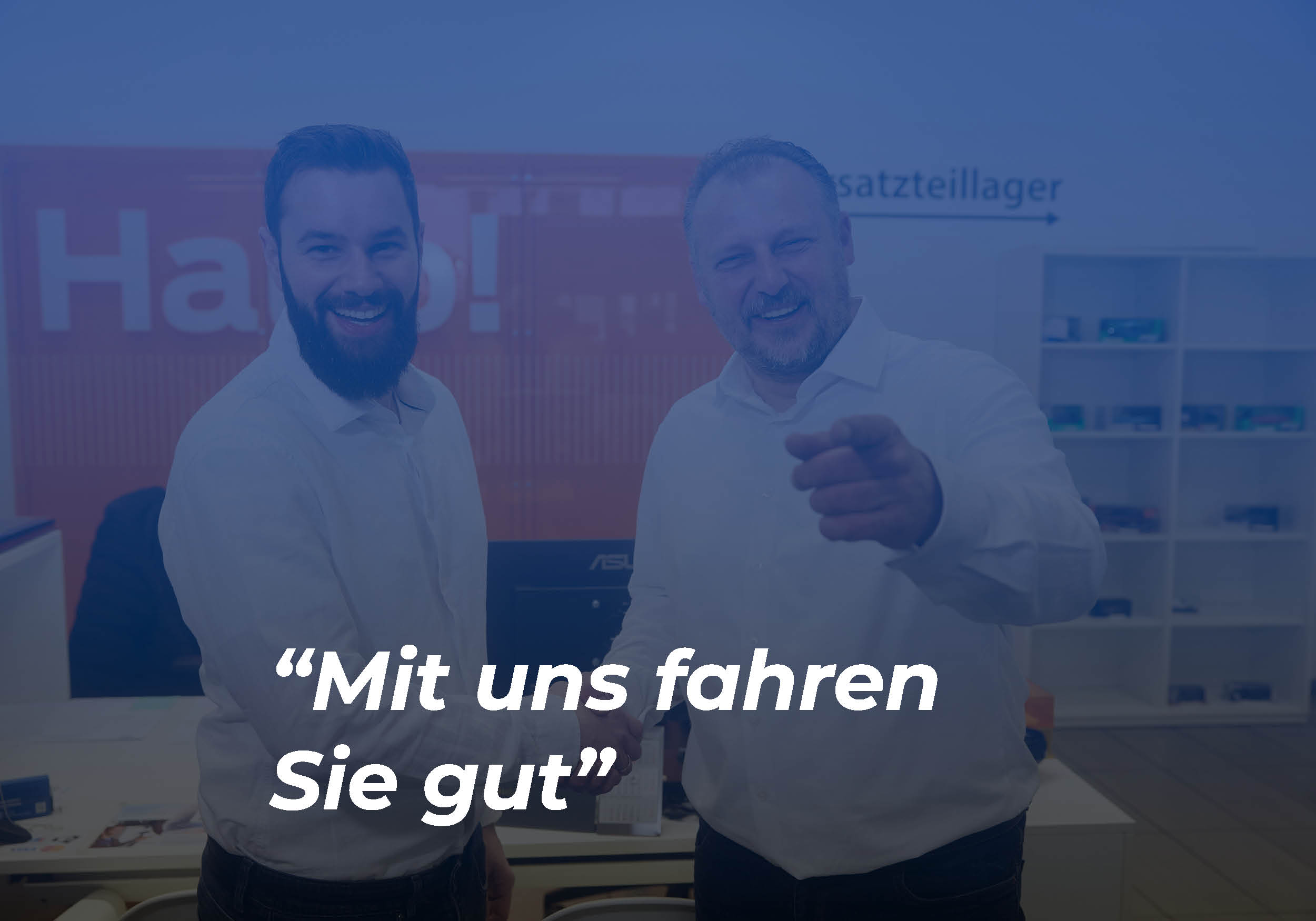 Mitarbeiter von Wenner lächeln. Blaues Overlay mit Text "Mit uns fahren Sie gut"